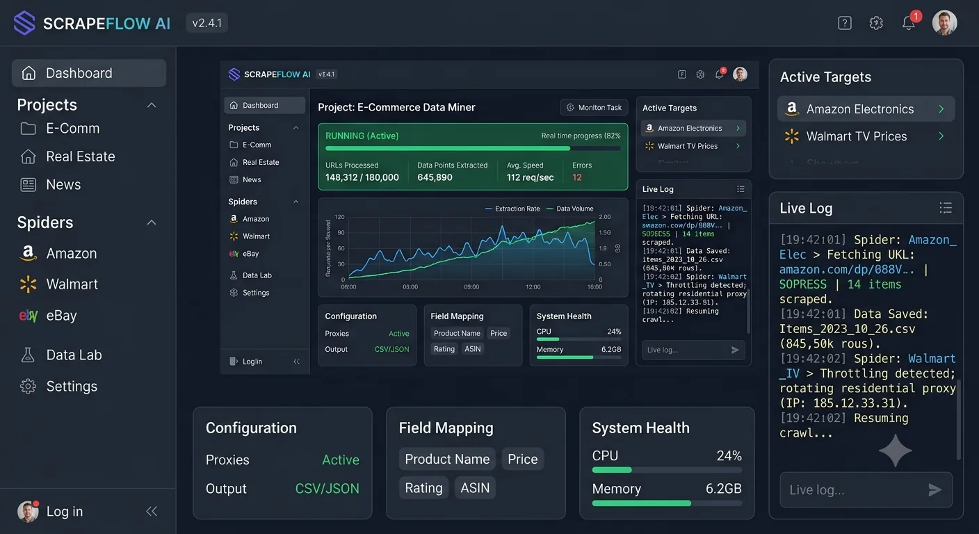 A research agent dashboard: live crawl progress, extraction rate and run log